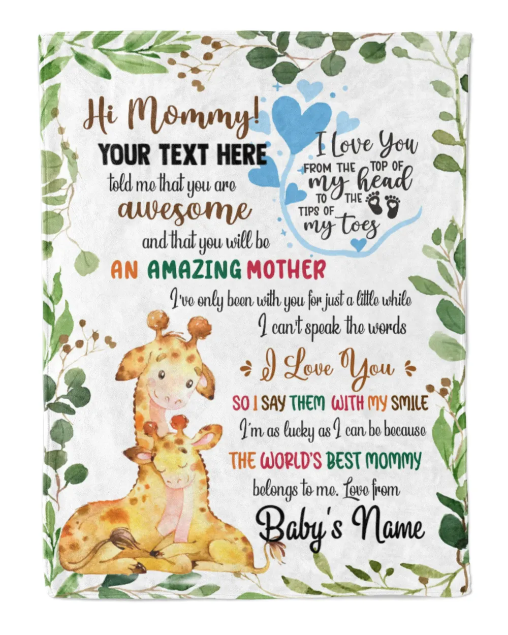 Personalized Hi MOMMY  Cute Baby Giraffe ,  Gift  for Newmom, Safari Baby Shower, Jungle Nursery Blanket