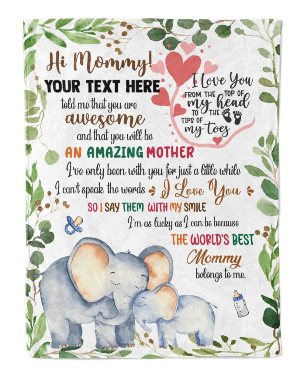 Personalized Hi MOMMY  Cute Baby Elephant and Mom ,  Gift  for Newmom, Safari Baby Shower, Jungle Nursery Blanket