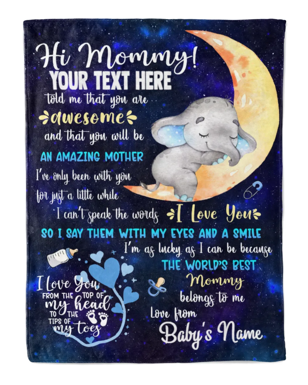 Personalized Hi MOMMY Cute Baby Elephant ,  Galaxy Blue