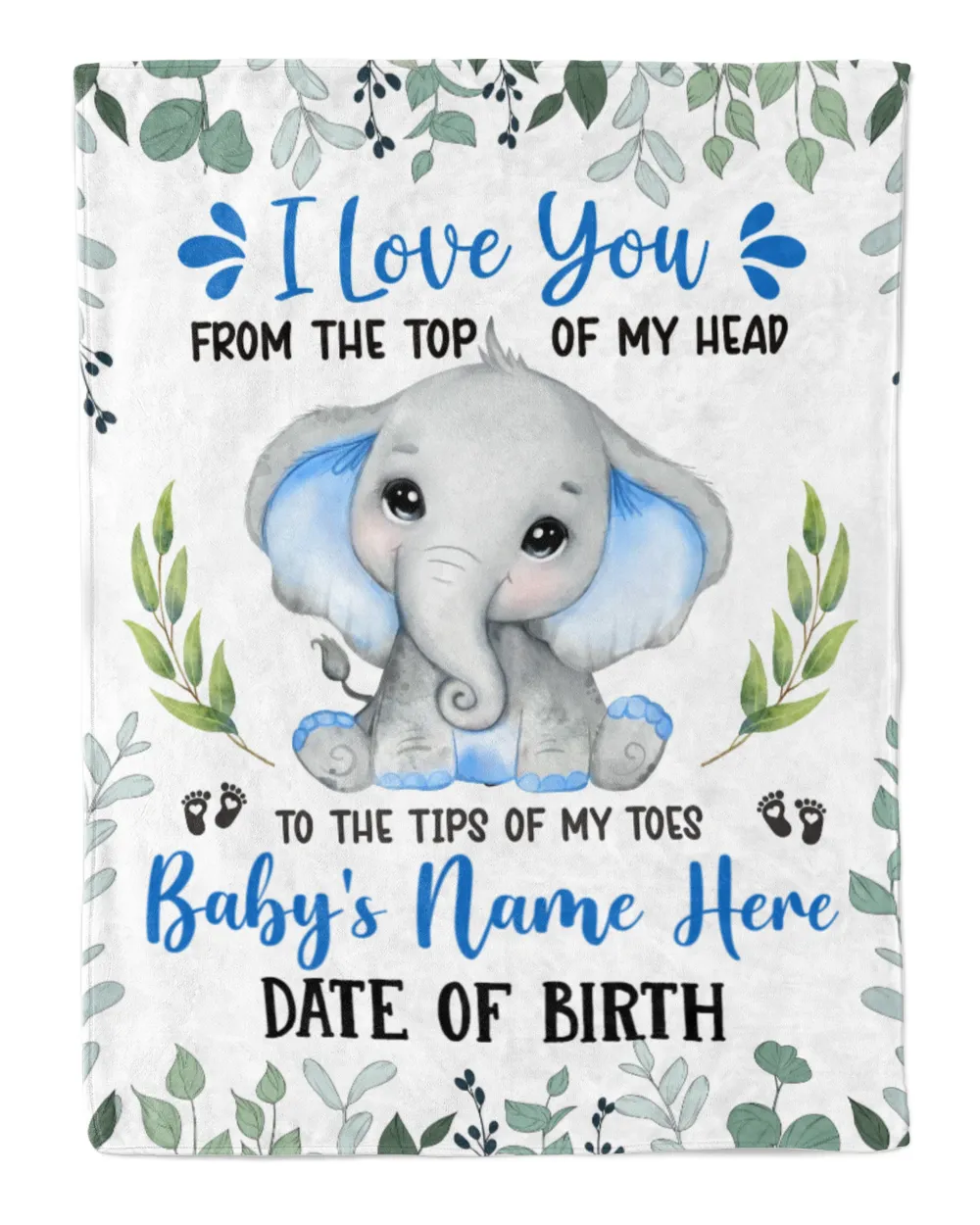 Personalized Name and Date  Cute Baby Elephant boy ,  Gift  for Newmom, Baby Shower Gifts