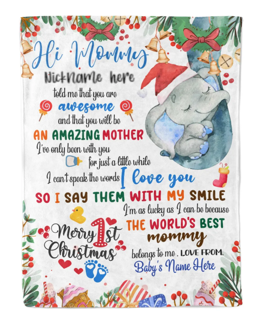 Personalized Hi MOMMY AND DADDY Elephant Cute Baby Boy ,  1st Chritmas Gift from Grandma and baby for Newmom, First Christmas gifts.
