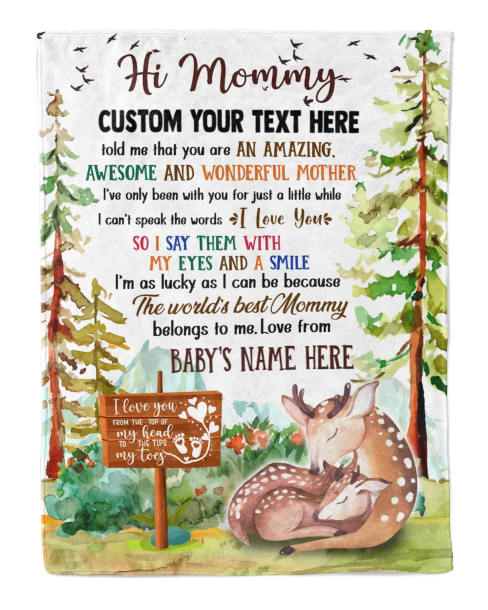 Personalized Hi MOMMY  Cute Baby Deer in forest, moutain ,  1st Chritmas Gift from Grandma and baby for Newmom, First Christmas gifts.