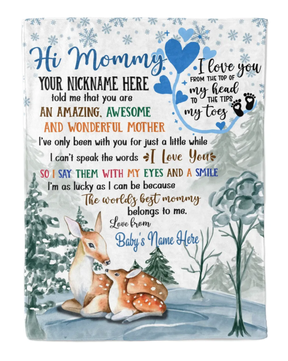 Personalized Hi MOMMY  Cute Baby Boy Deer in Winter forest, moutain ,  1st Chritmas Gift from Grandma and baby for Newmom, First Christmas gifts.