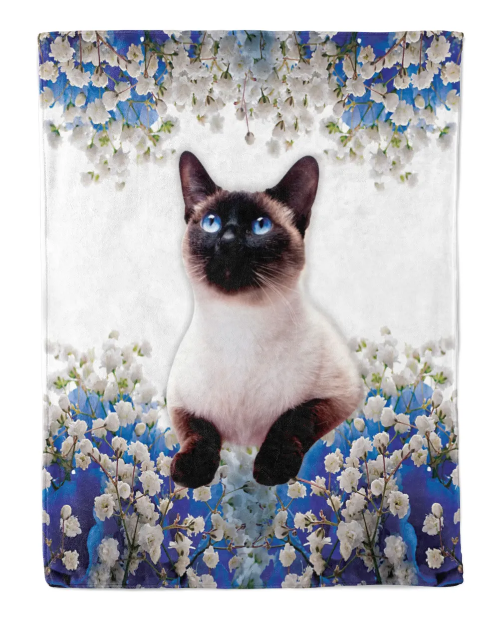 Siamese cat blue and white flowers vertical