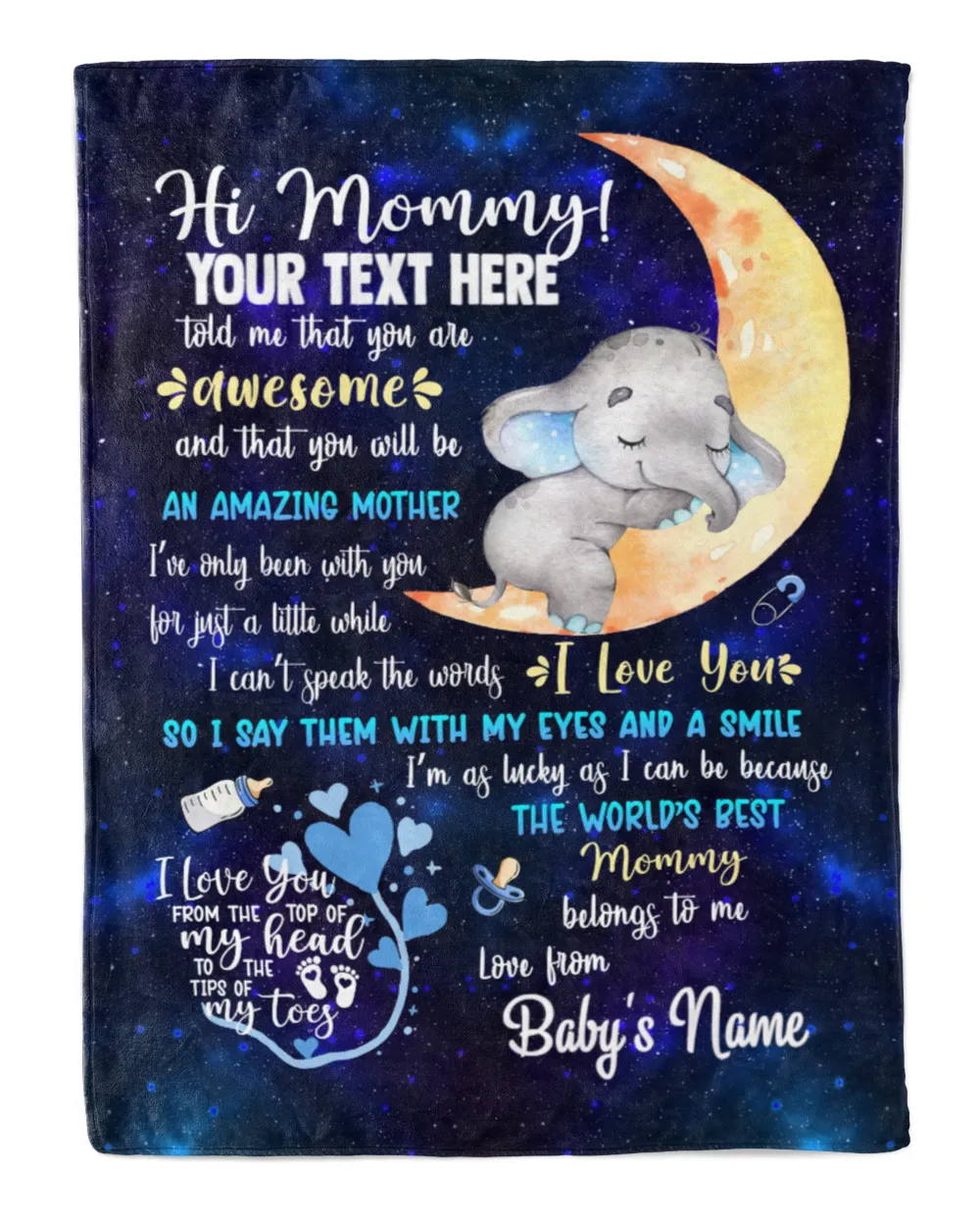 Personalized Hi MOMMY Cute Baby Elephant ,  Galaxy Blue