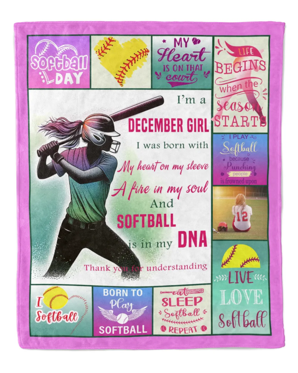 Personalized Your Image Softball- Softball Blanket- December Girl- Birthday Gifts Cozy Plush Fleece Blanket white 30x40in