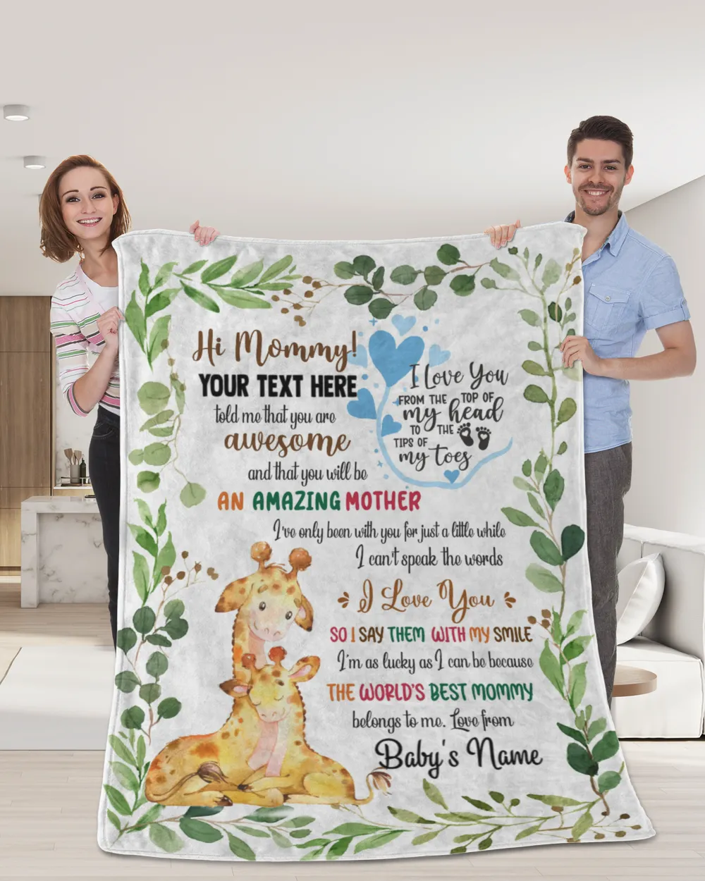 Personalized Hi MOMMY  Cute Baby Giraffe ,  Gift  for Newmom, Safari Baby Shower, Jungle Nursery Blanket