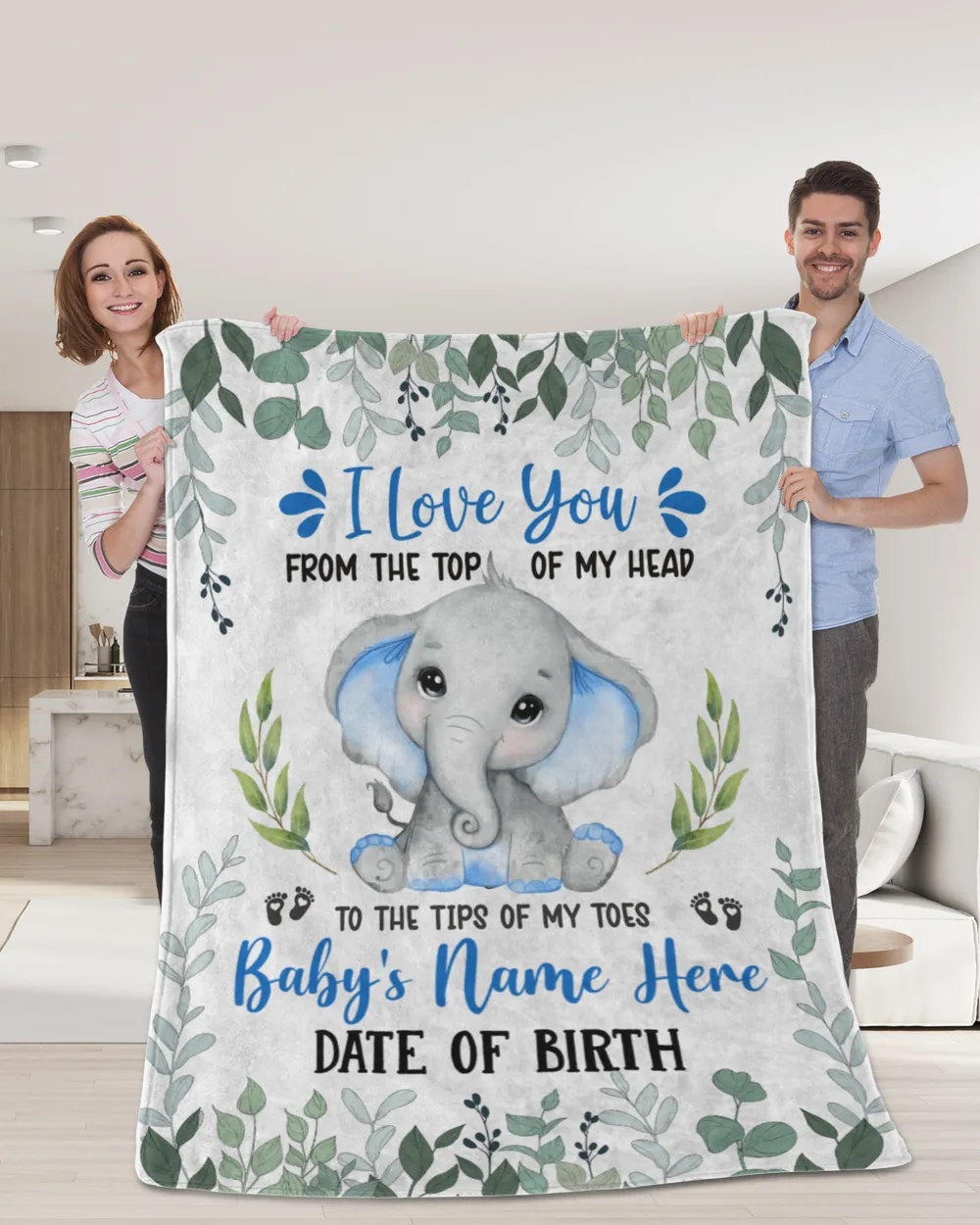 Personalized Name and Date  Cute Baby Elephant boy ,  Gift  for Newmom, Baby Shower Gifts