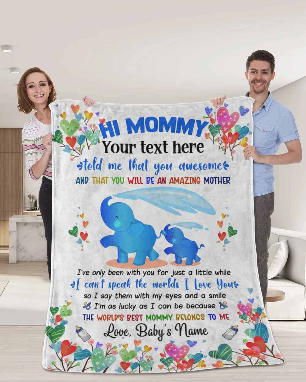 Personalized Hi Mommy Cute Baby Blue Elephant Boy ,  Gift  for Newdad, Baby Shower Gifts