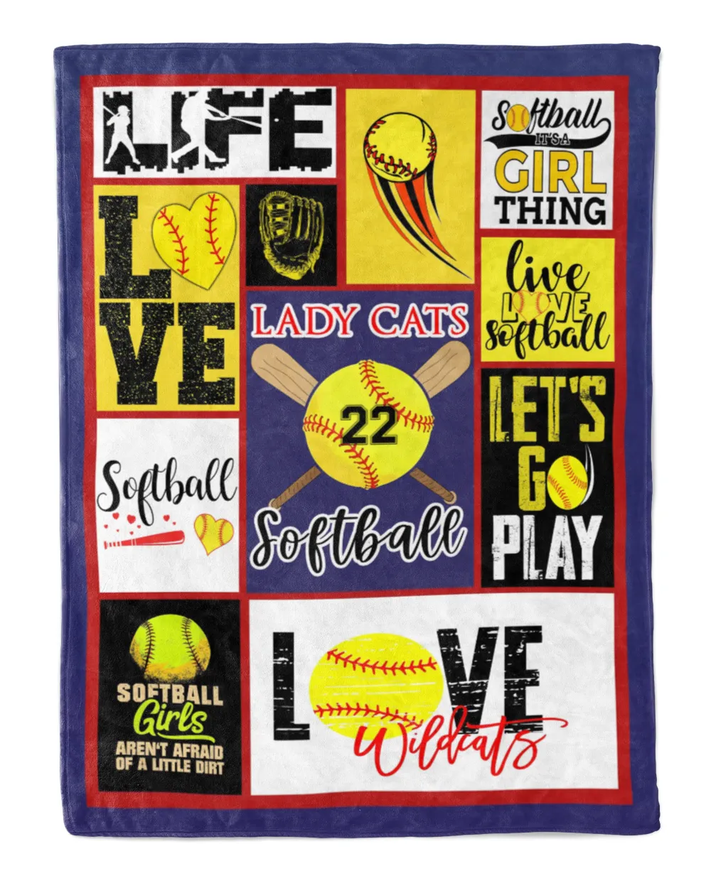 Personalized Number Softball  Blanket- Wildcats Softball Blankets- Softball Lovers Cozy Plush Fleece Blanket white 30x40in