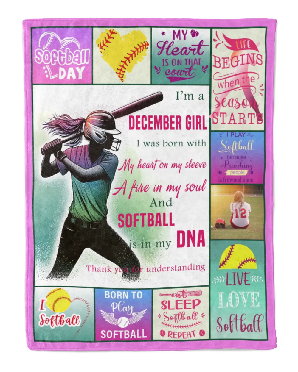 Personalized Your Image Softball- Softball Blanket- December Girl- Birthday Gifts Cozy Plush Fleece Blanket white 30x40in