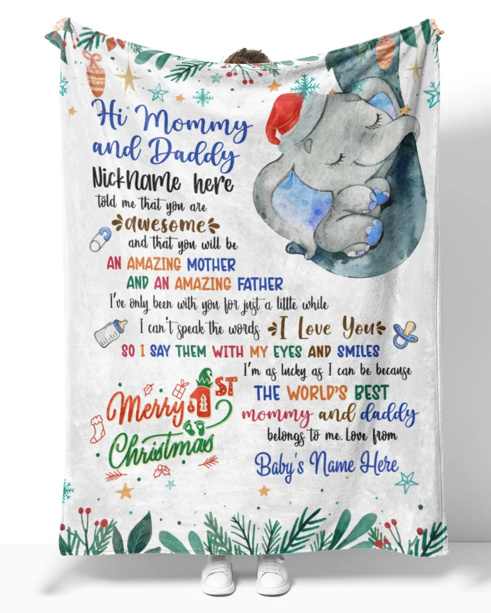 Personalized Hi MOMMY AND DADDY Elephant Cute Baby Boy ,  1st Chritmas Gift from Grandma and baby for Newmom, First Christmas gifts.