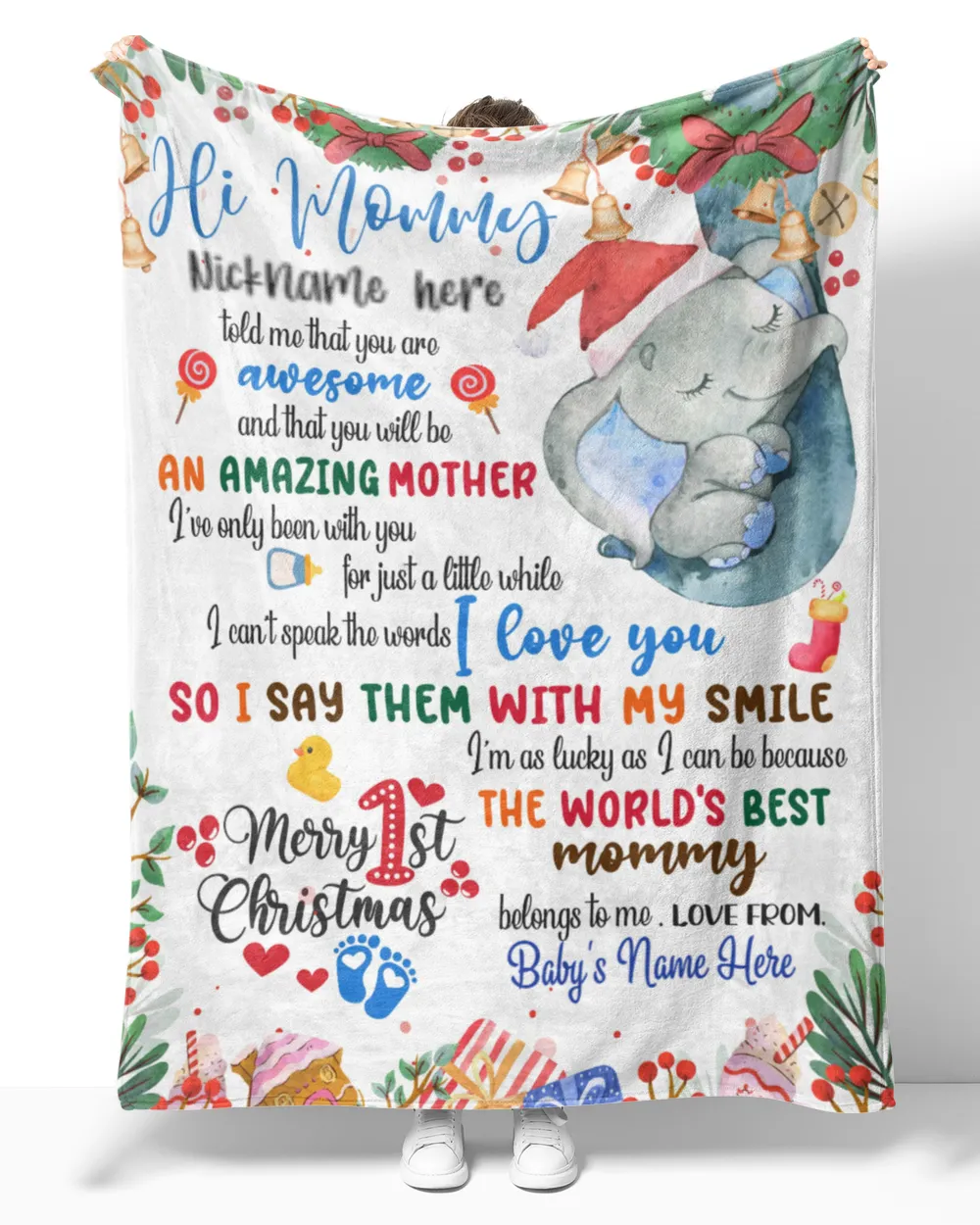 Personalized Hi MOMMY AND DADDY Elephant Cute Baby Boy ,  1st Chritmas Gift from Grandma and baby for Newmom, First Christmas gifts.