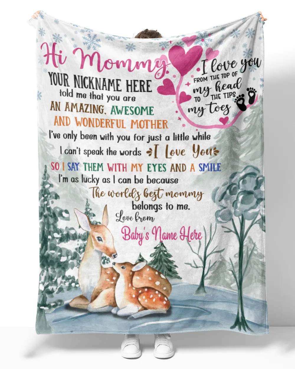 Personalized Hi MOMMY  Cute Baby Girl Deer in Winter forest, moutain ,  1st Chritmas Gift from Grandma and baby for Newmom, First Christmas gifts.