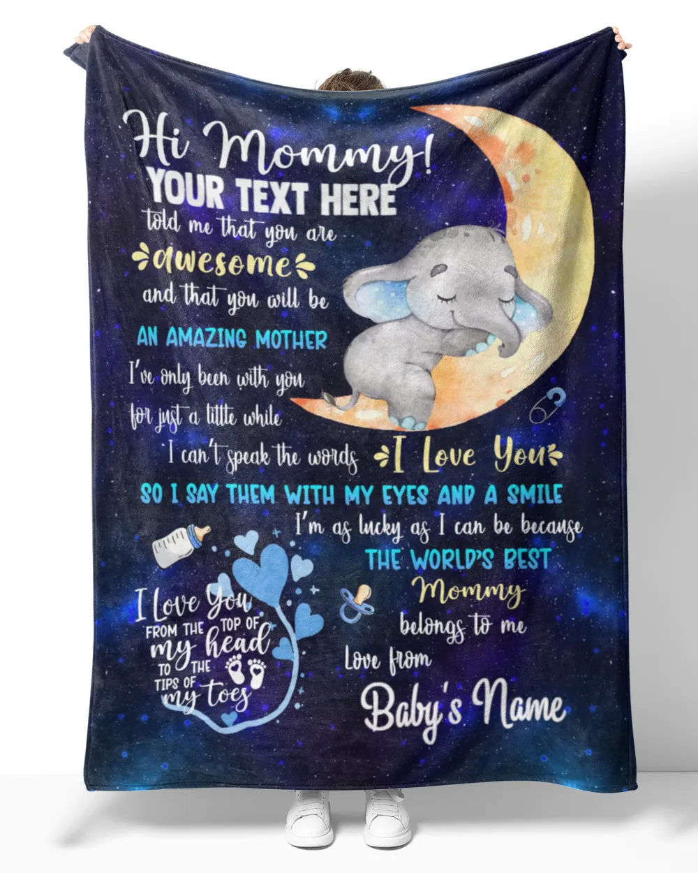 Personalized Hi MOMMY Cute Baby Elephant ,  Galaxy Blue