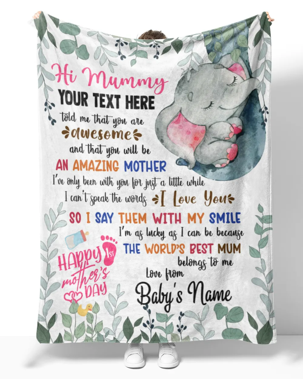 Personalized Hi MUMMY Cute Baby Girl Elephant and Mum ,  Gift  for Newmum, Safari Baby Shower, Jungle Nursery Blanket