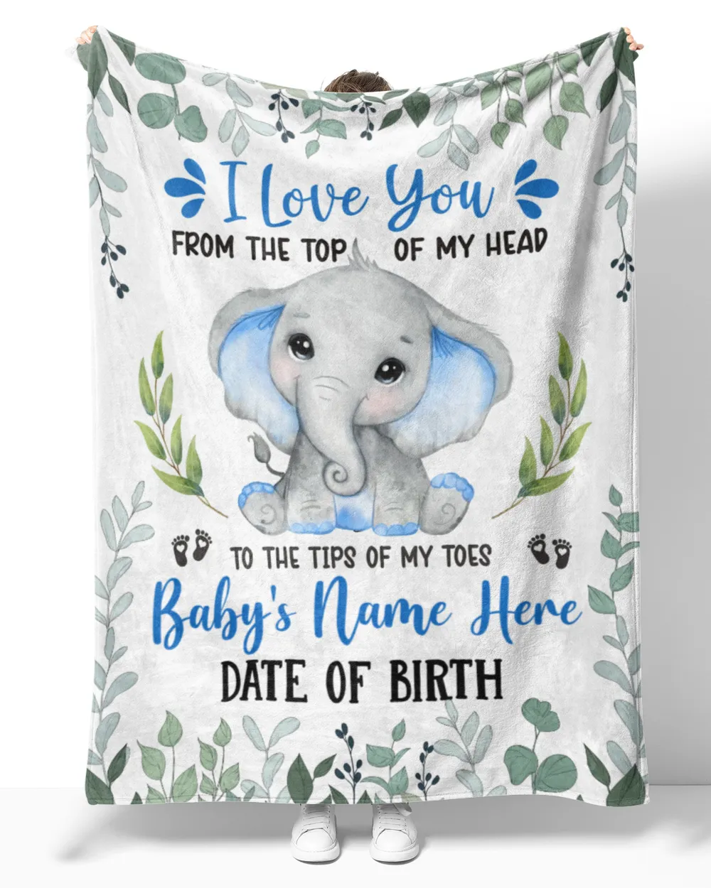 Personalized Name and Date  Cute Baby Elephant boy ,  Gift  for Newmom, Baby Shower Gifts