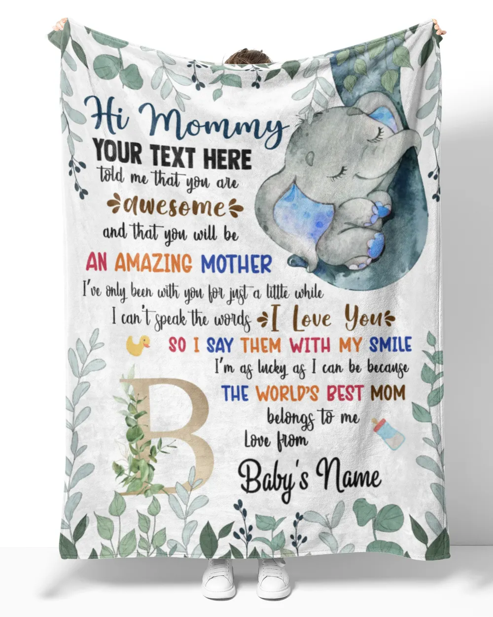 Personalized Hi MOMMY Cute Baby Elephant boy ,  Gift  for Newmom, Custom Alphabet