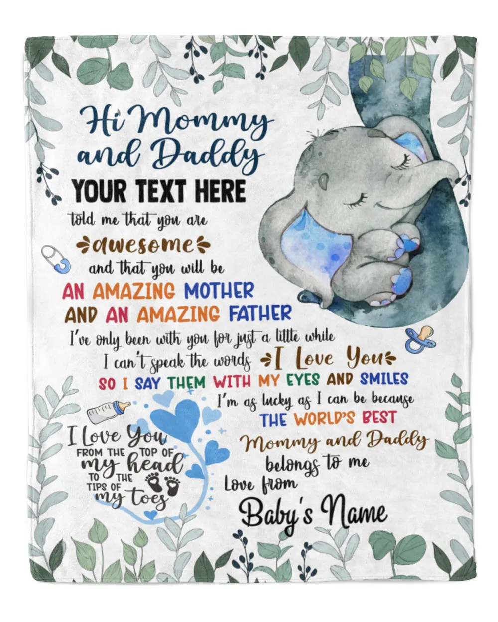 Personalized Hi MOMMY and daddy Cute Baby Elephant boy ,  Gift  for Newmom, Baby Shower Gifts