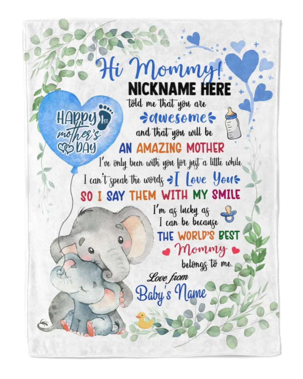 1st Mother's Day Gift, Gifts for New Mom, Personalized Hi MOMMY Cute Baby Girl Elephant ,  Gift  for Newmom,  Safari Baby Shower, Jungle Nursery Blanket
