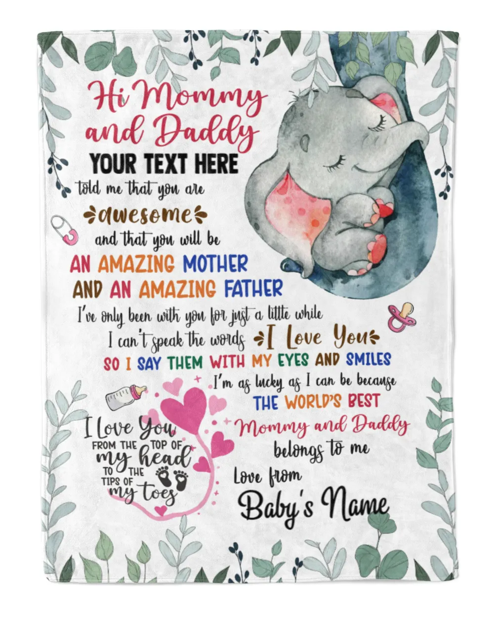 Personalized Hi MOMMY and daddy Cute Baby Elephant girl ,  Gift  for Newmom.