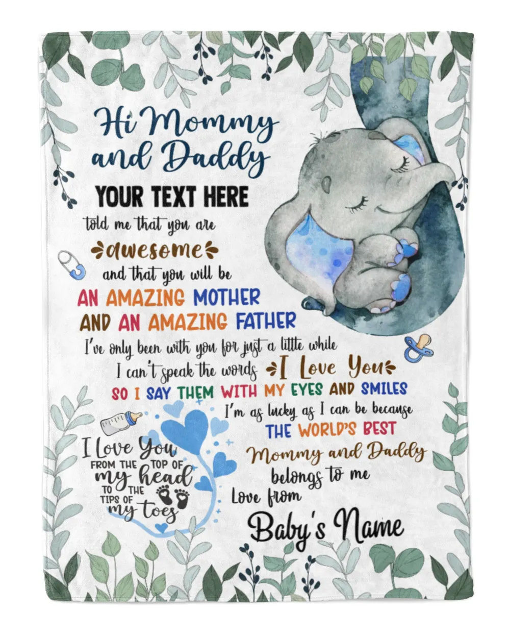 Personalized Hi MOMMY and daddy Cute Baby Elephant boy ,  Gift  for Newmom, Baby Shower Gifts