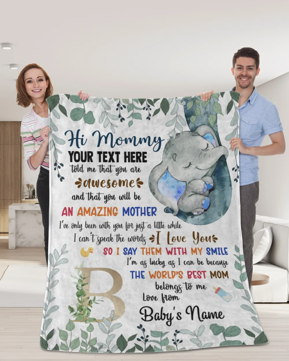 Personalized Hi MOMMY Cute Baby Elephant boy ,  Gift  for Newmom, Custom Alphabet