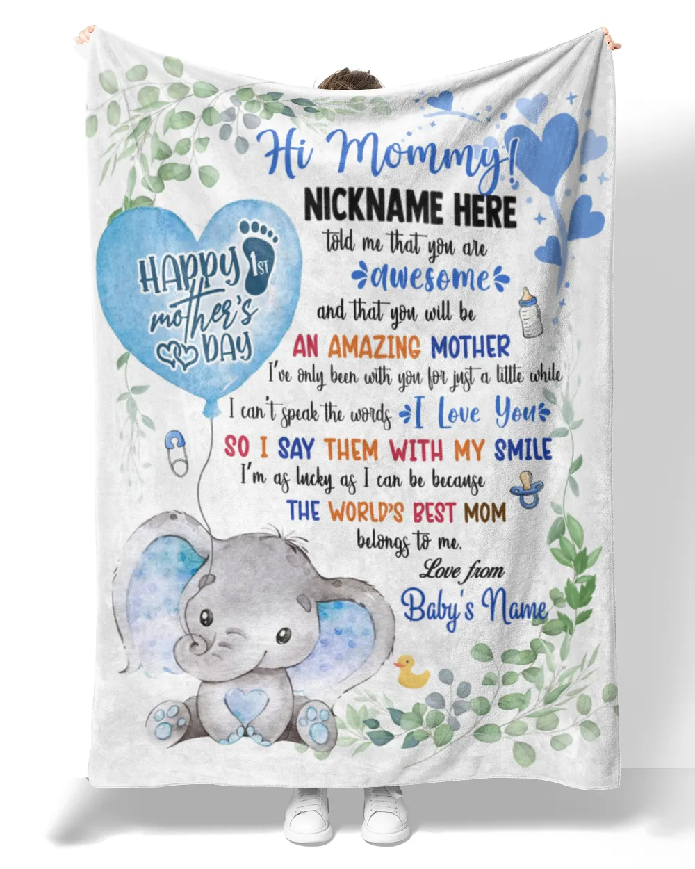 1st Mother's Day Gift, Gifts for New Mom, Personalized Hi MOMMY Cute Baby Girl Elephant ,  Gift  for Newmom,  Safari Baby Shower, Jungle Nursery Blanket
