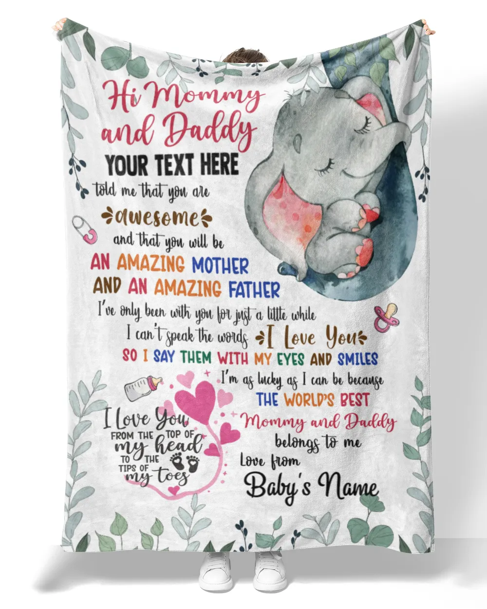 Personalized Hi MOMMY and daddy Cute Baby Elephant girl ,  Gift  for Newmom.
