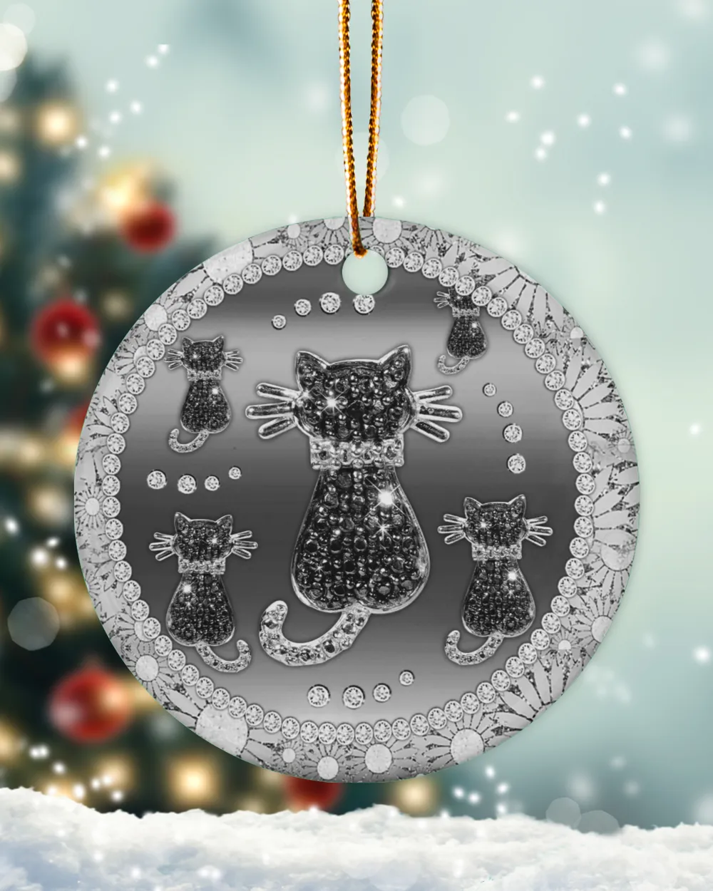 Silver Black Cat Circle Ornament