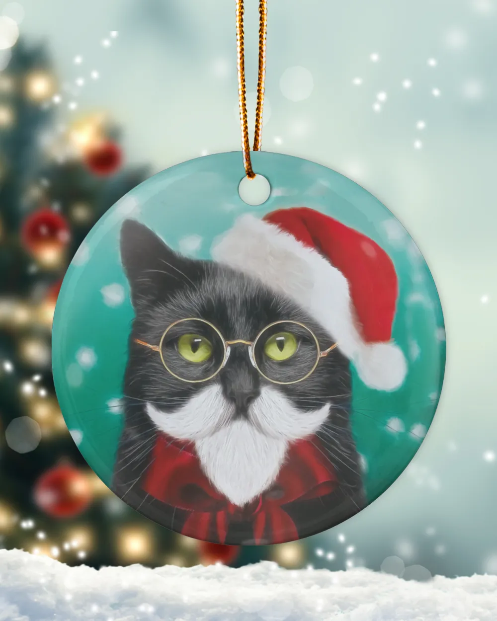 Black Cat Santa Round Ornament