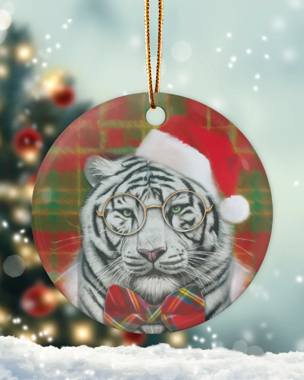 White Tiger Santa Round Ornament