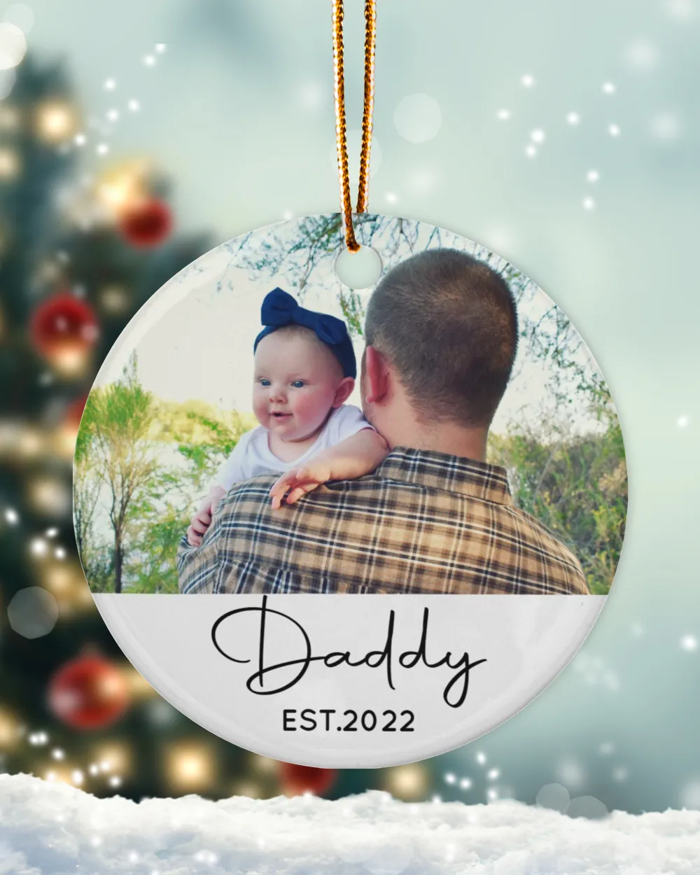 Personalized Custom Photo New Dad Est Daddy First Christmas Ornament Porcelain Ornament - Circle white one-sided __single