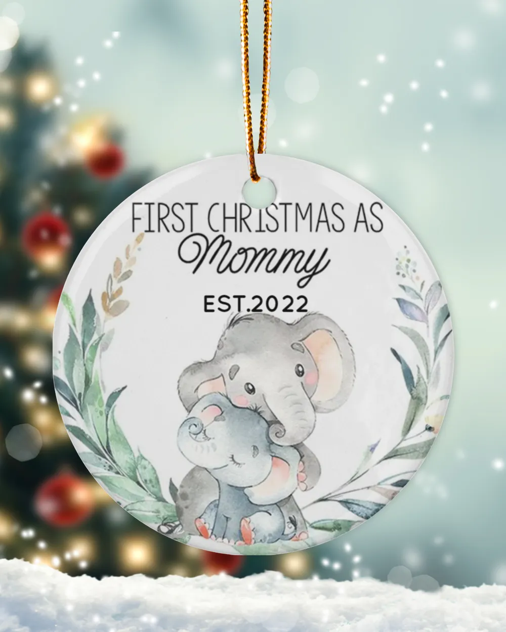 Personalized Custom New Mom Mommy Elephant First Christmas Ceramic Ornament Porcelain Ornament - Circle white one-sided __single