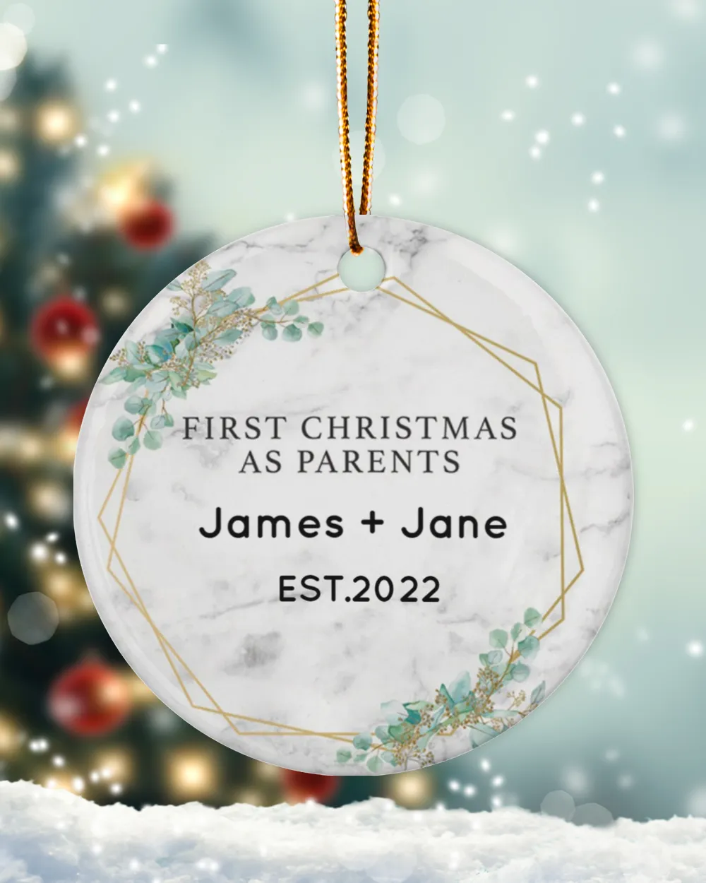 Personalized Custom New Mom And Dad First Christmas New Parents Ceramic Ornament Porcelain Ornament - Circle white one-sided __single