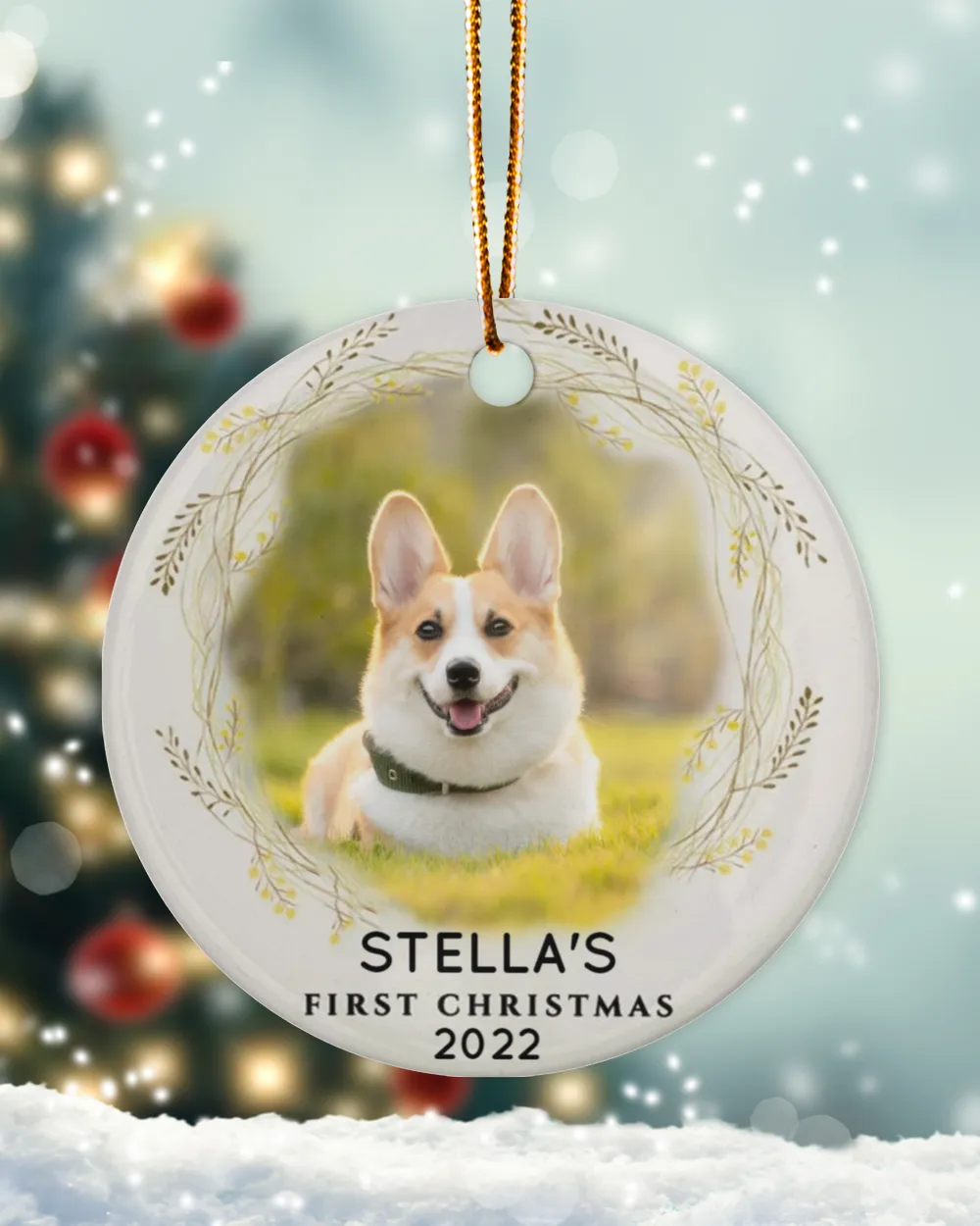 Personalized Custom Photo Dog First Christmas Ceramic Ornament Porcelain Ornament - Circle white one-sided __single