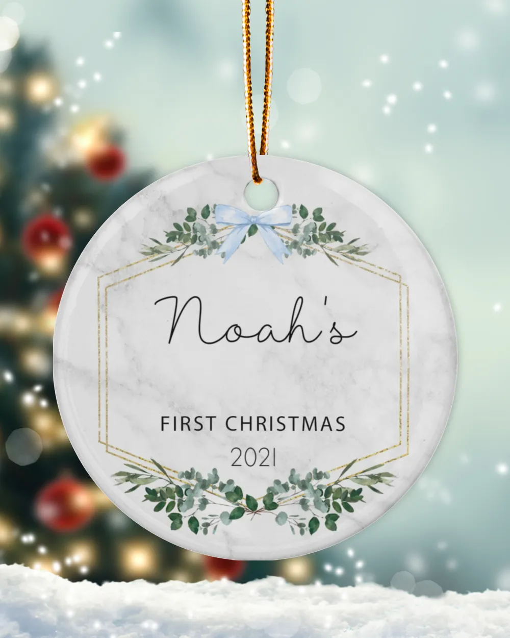 Baby's First Christmas Ornament - Baby Boy Ornament - Personalized First Christmas - Custom Baby Name Christmas Ornament - Blue Bow | Christmas Ornaments | Pine Tree Ornaments.