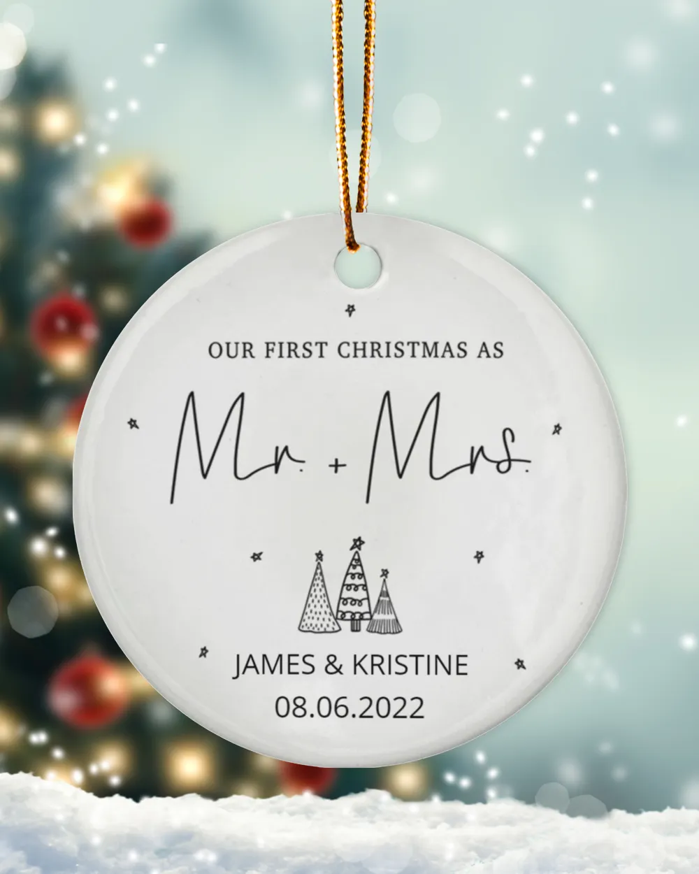 Personalized Custom Our First Christmas As Mr Mrs Married Ceramic Ornament Porcelain Ornament - Circle white one-sided __single