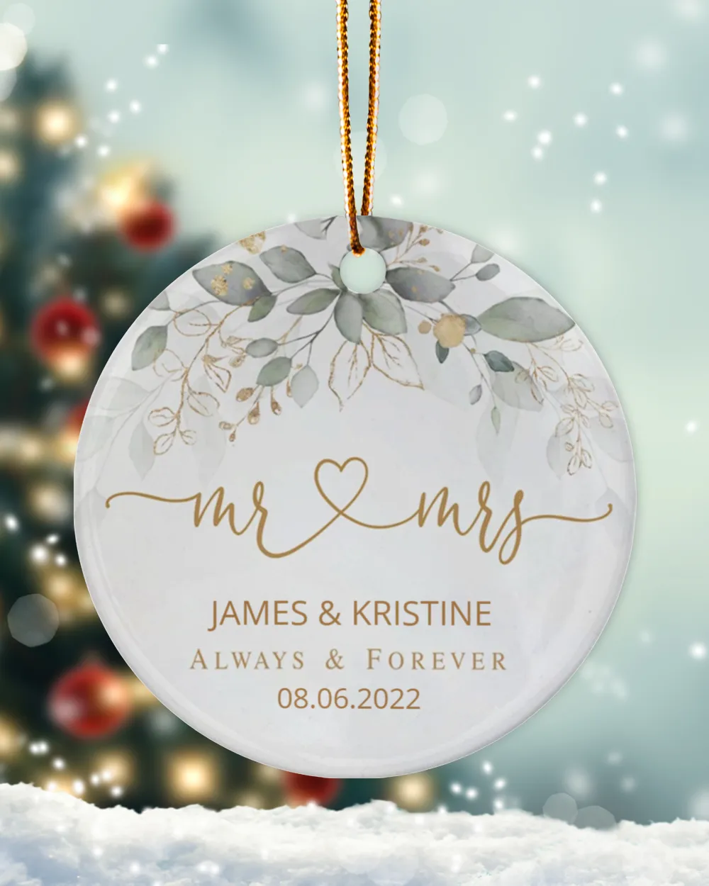 Personalized Custom Our First Christmas Engaged Married Mr Mrs Wedding Ceramic Ornament Porcelain Ornament - Circle white one-sided __single