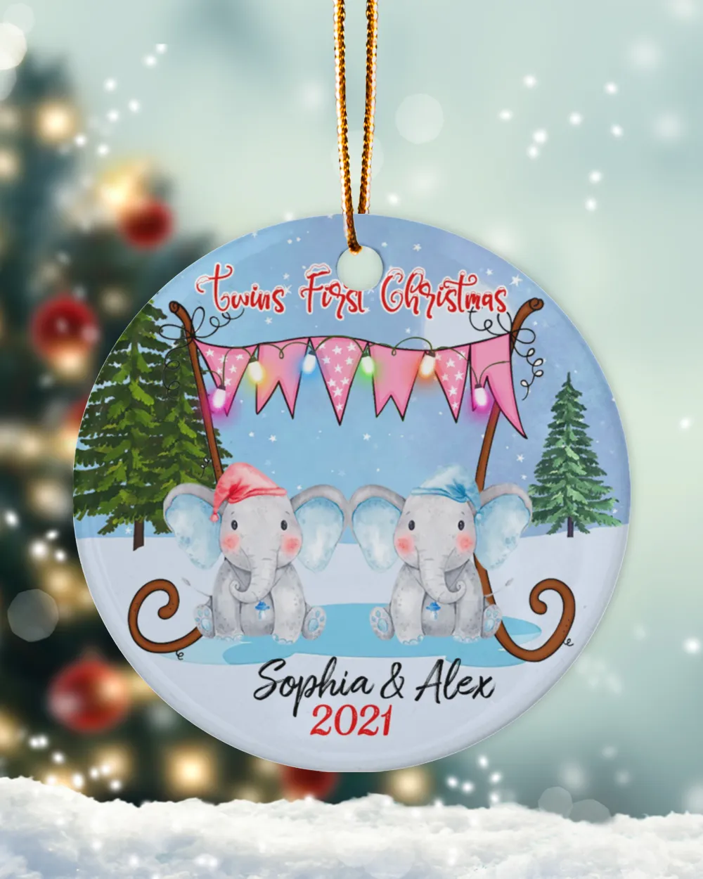 DC Personalized Twins First Christmas Ornament, Elephants Ornament, Gift for Twins, Christmas Ornaments