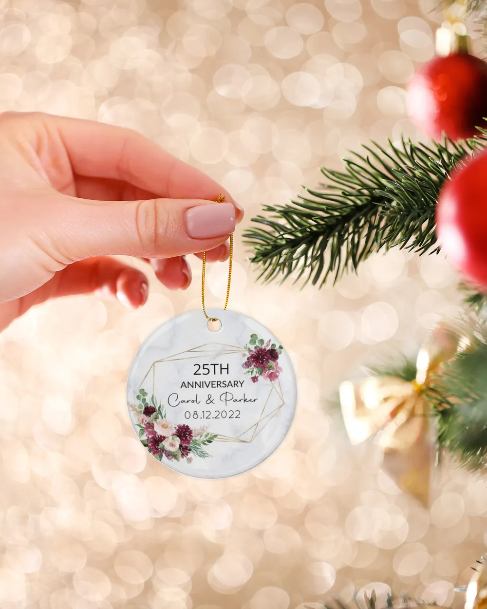 Personalized Custom 25th Anniversary 25 Years of Marriage Christmas 50th 40th 30th Ceramic Ornament Porcelain Ornament - Circle white one-sided __single