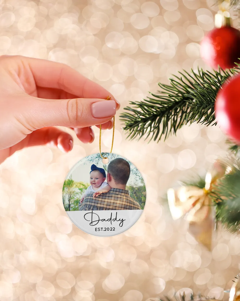 Personalized Custom Photo New Dad Est Daddy First Christmas Ornament Porcelain Ornament - Circle white one-sided __single