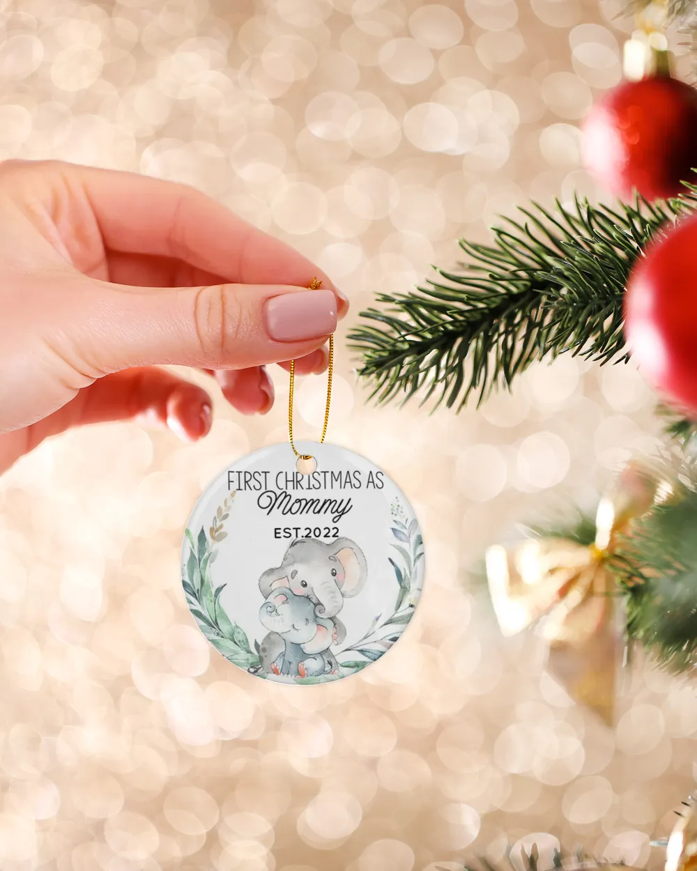 Personalized Custom New Mom Mommy Elephant First Christmas Ceramic Ornament Porcelain Ornament - Circle white one-sided __single