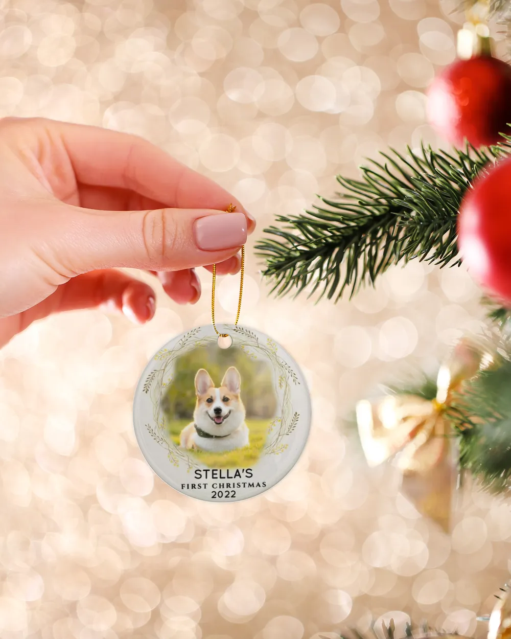 Personalized Custom Photo Dog First Christmas Ceramic Ornament Porcelain Ornament - Circle white one-sided __single