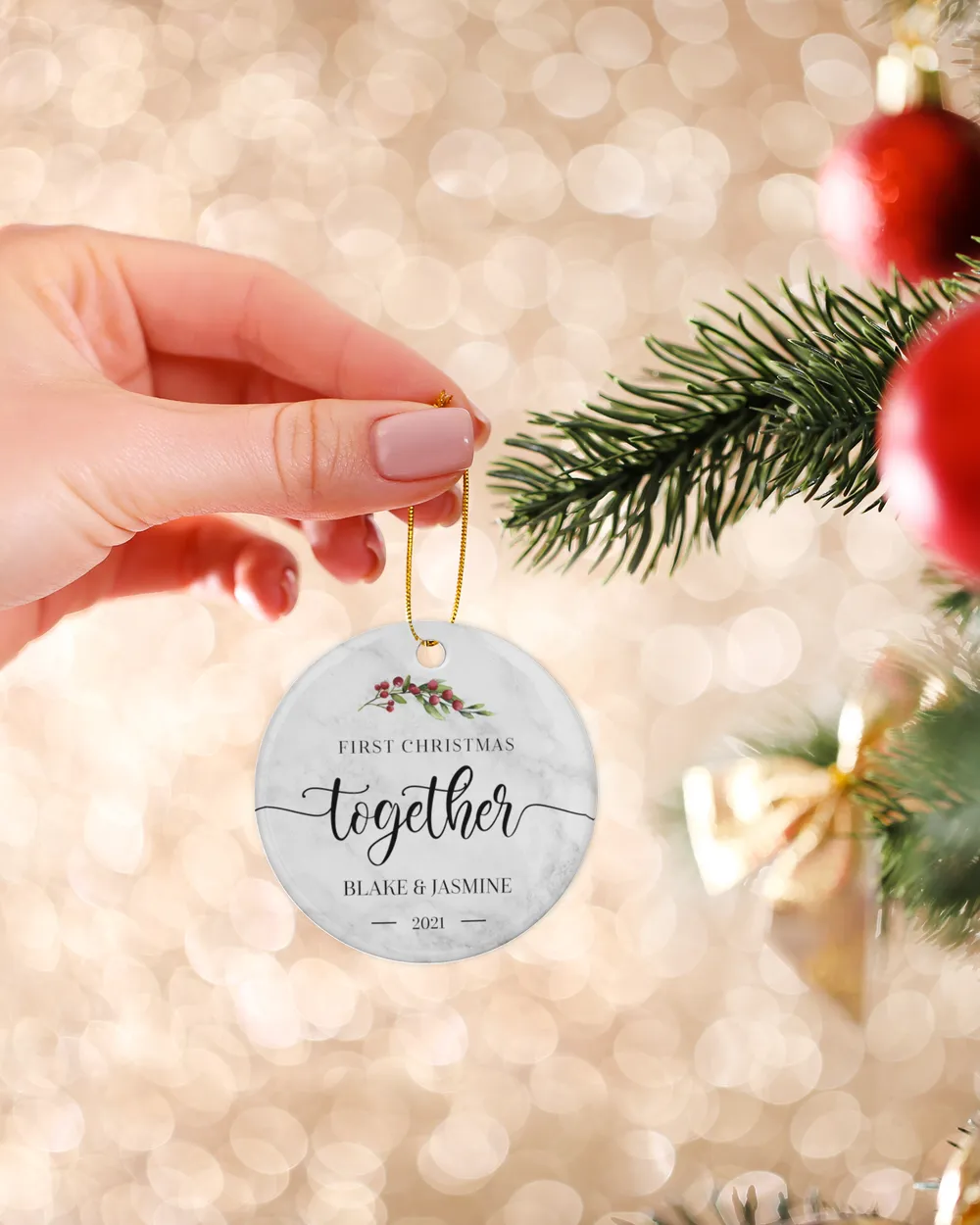 First Christmas Together With Name and Year | Newlywed Couple | First-time Parents | Engagement, Miss to Mrs, Couples Gift, Wedding| Christmas Ornament | Pine Tree Ornaments