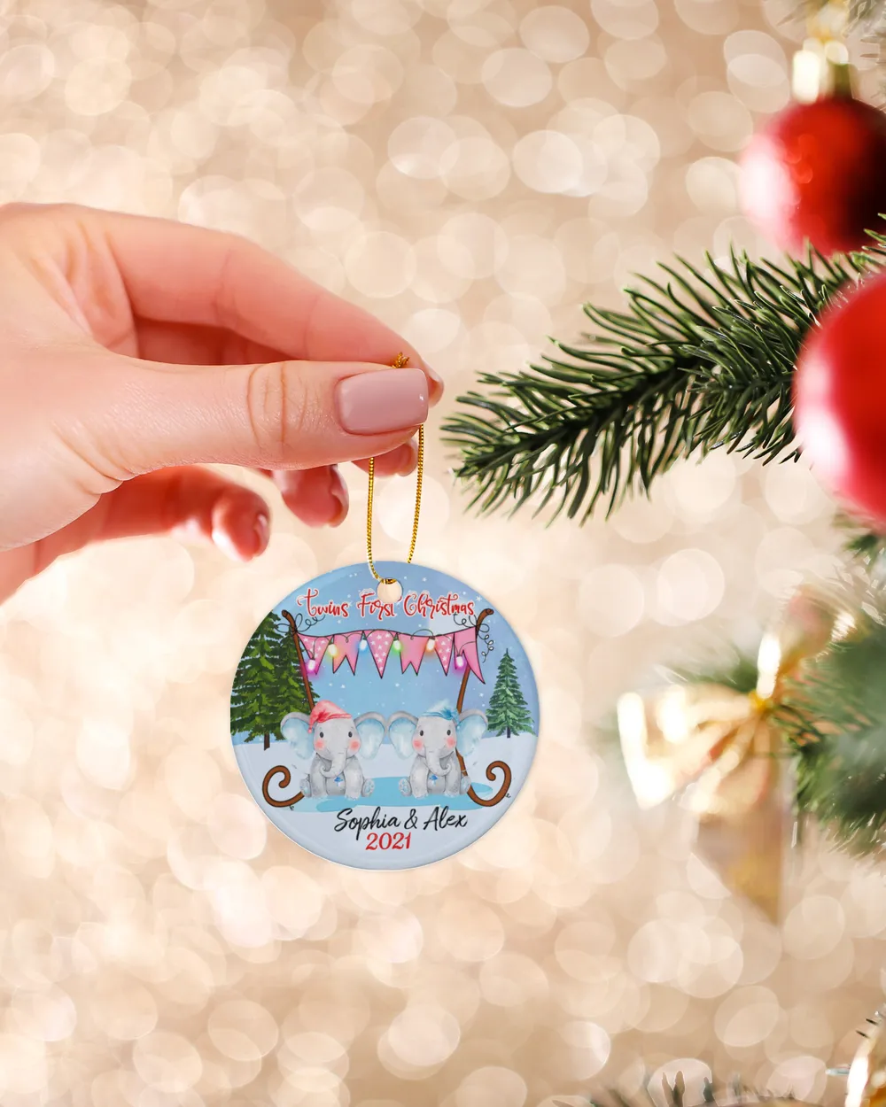 DC Personalized Twins First Christmas Ornament, Elephants Ornament, Gift for Twins, Christmas Ornaments