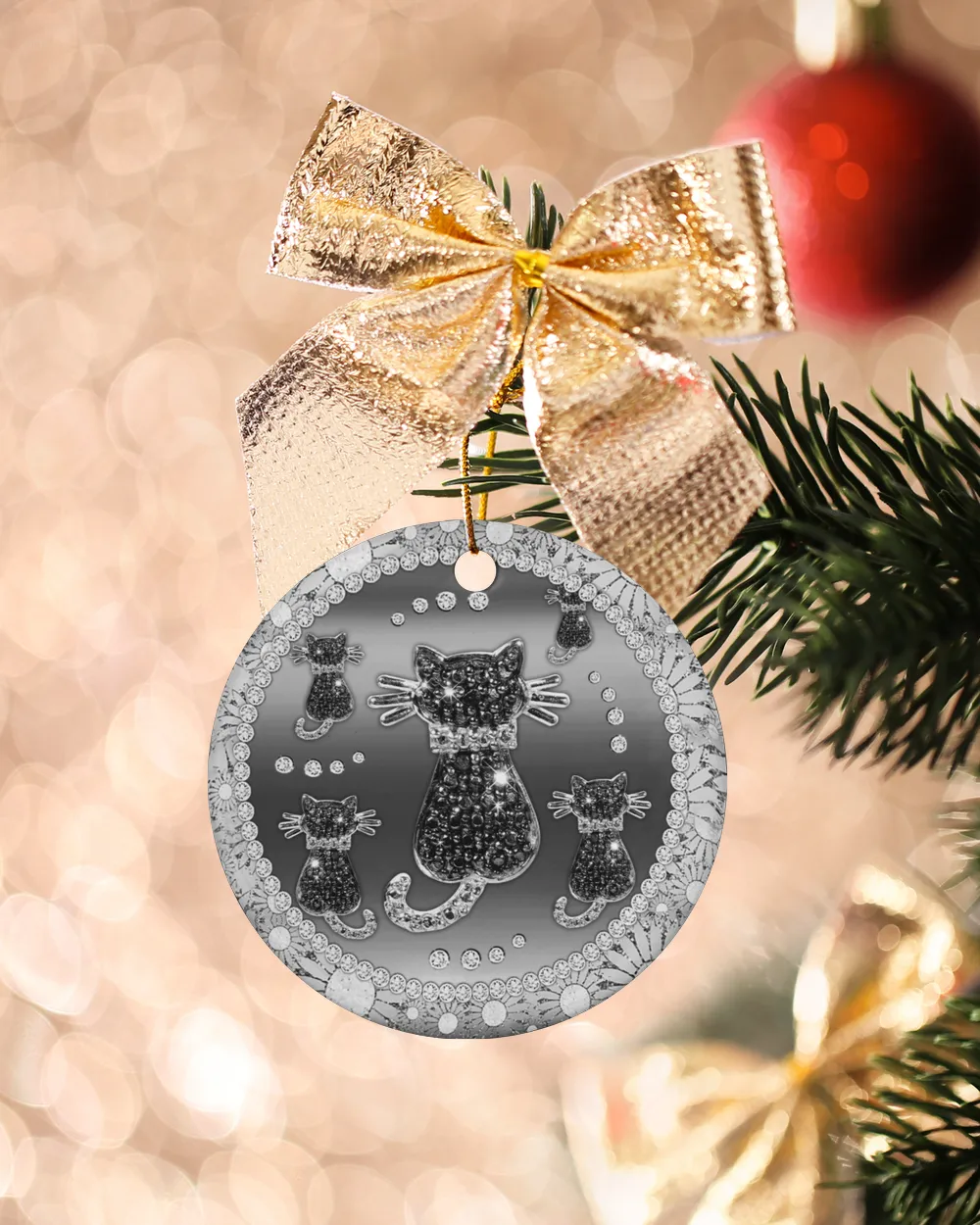 Silver Black Cat Circle Ornament