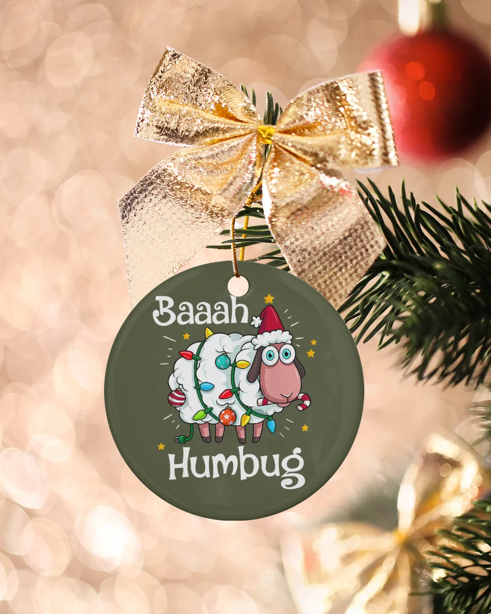 Sheep Baaah Humbug Funny Sheep In Santa Hat Lights Merry Christmas 267