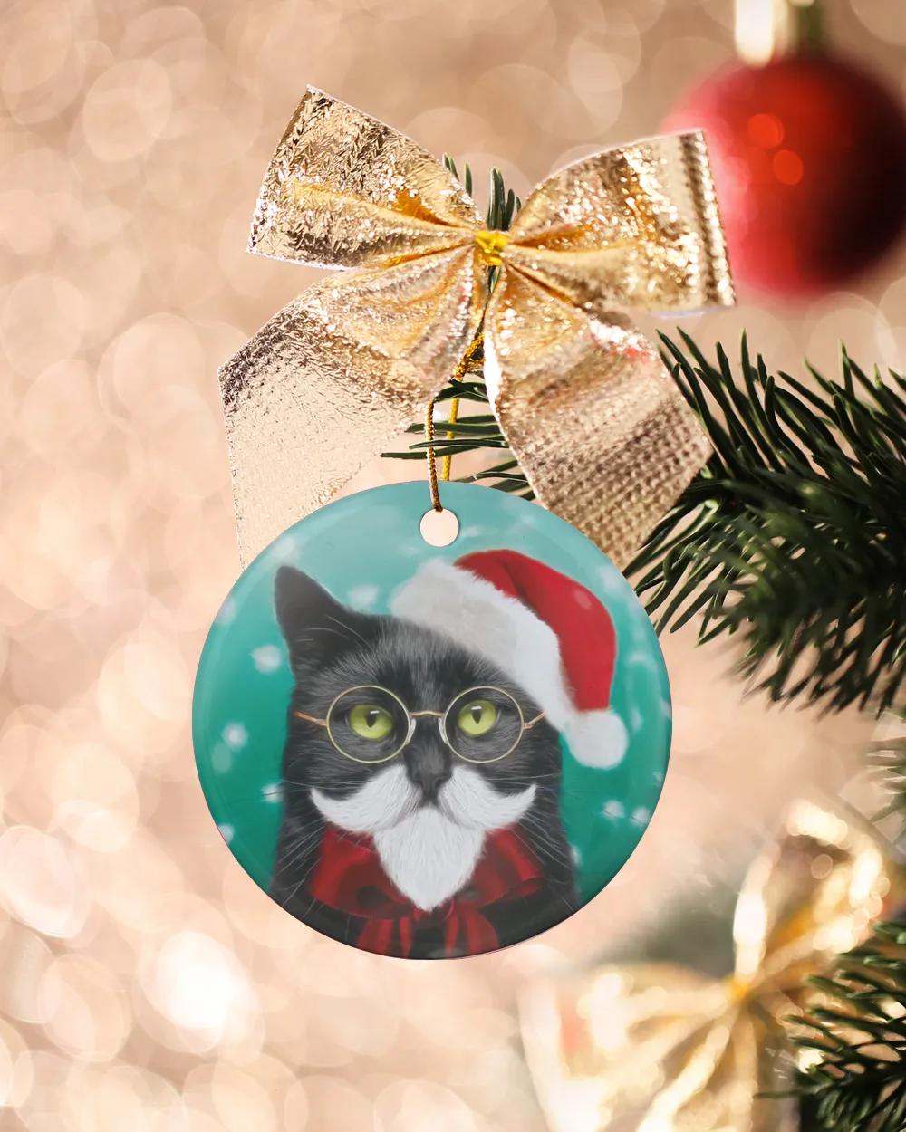 Black Cat Santa Round Ornament