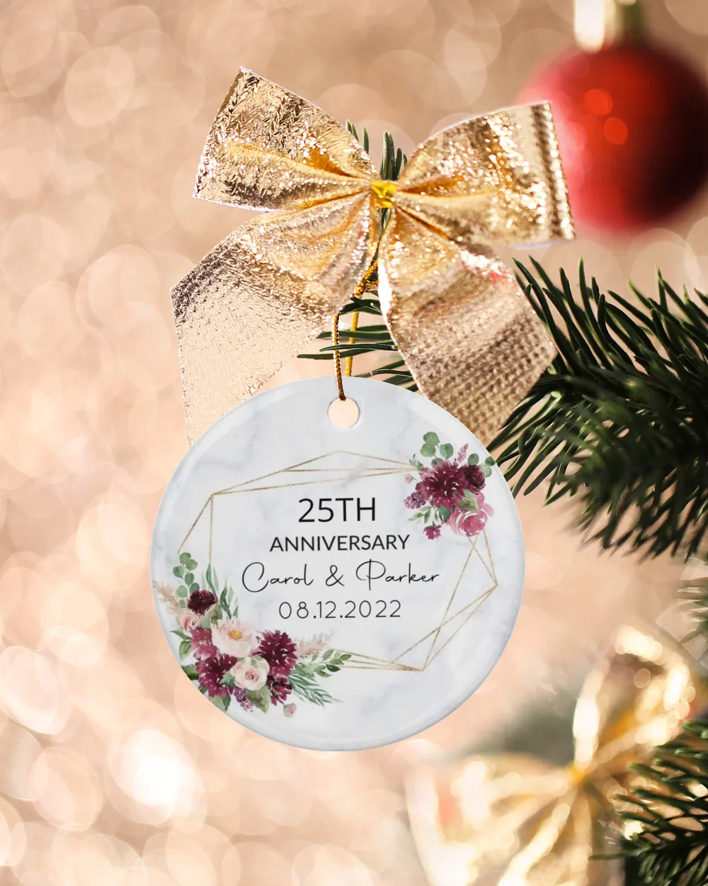 Personalized Custom 25th Anniversary 25 Years of Marriage Christmas 50th 40th 30th Ceramic Ornament Porcelain Ornament - Circle white one-sided __single